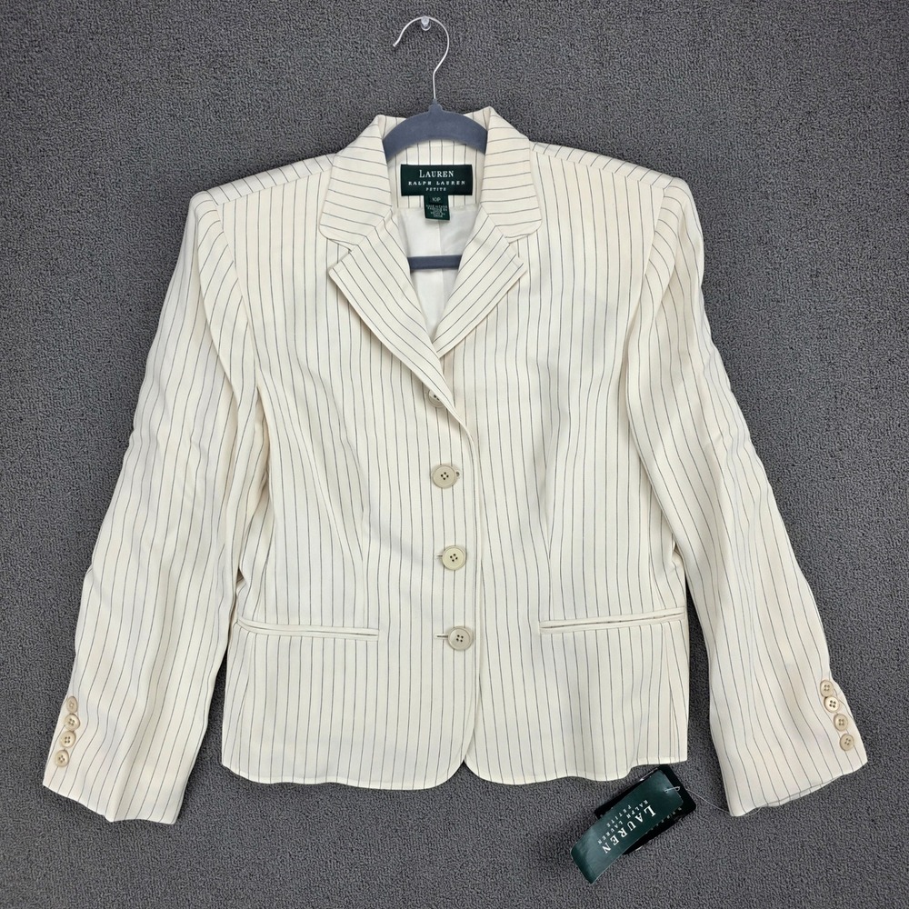 Lauren Ralph Lauren Pinstripe Silk Blazer Women Cream Petite 10P NWT
